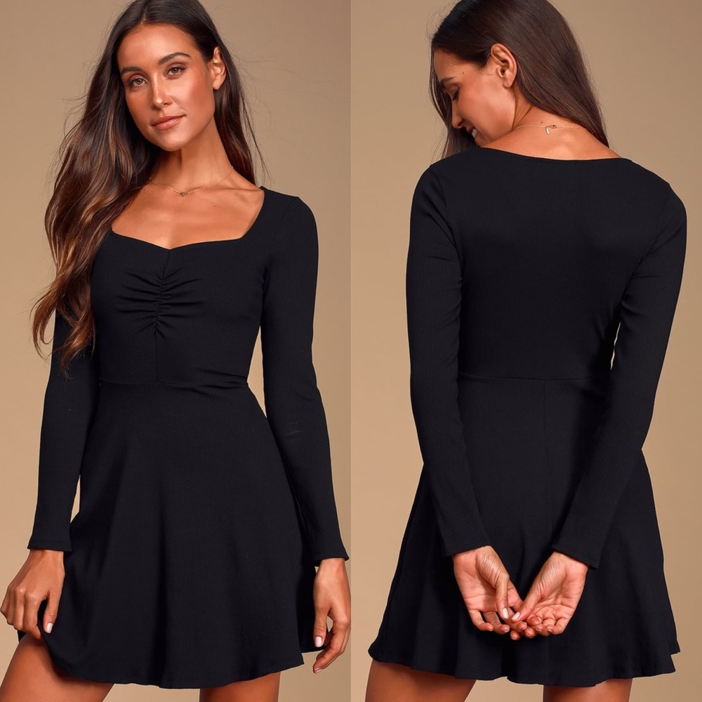 NWT Lulus Black Ribbed Long Sleeve Skater Dress